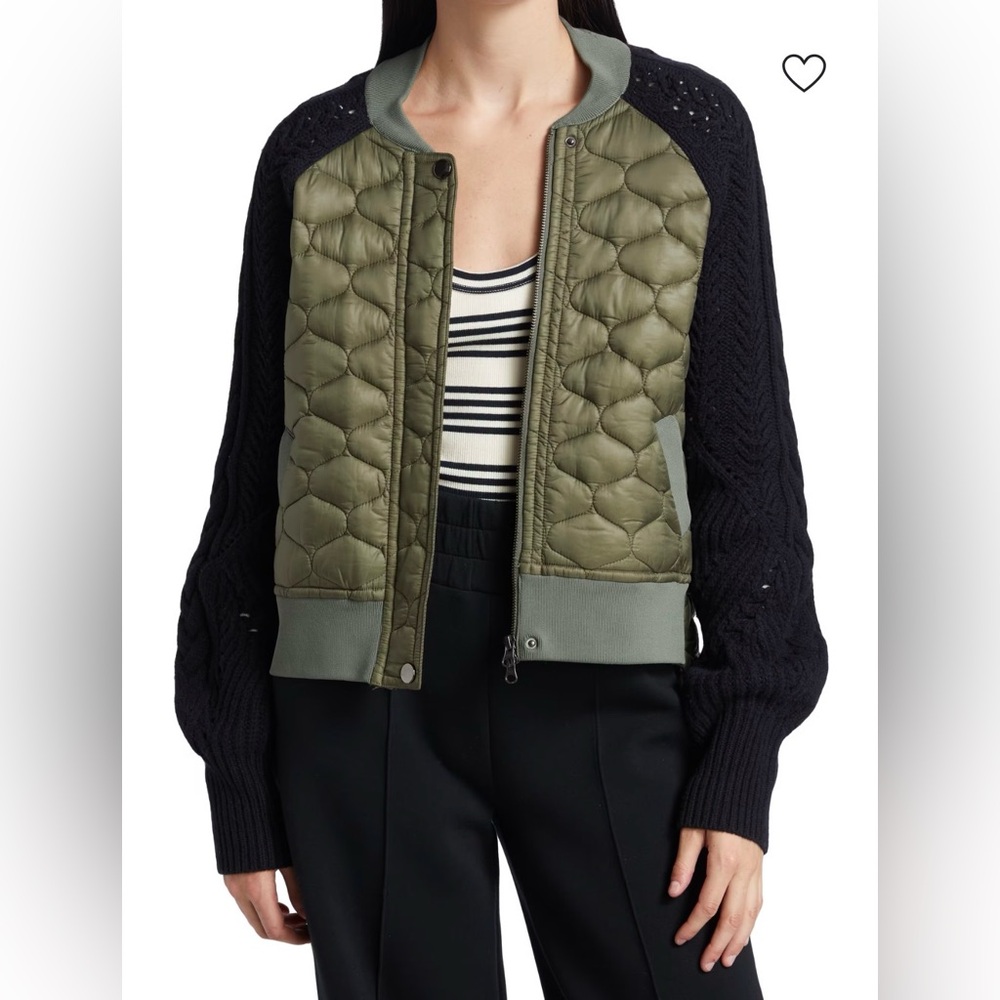 VERONICA BEARD Marjeti Mixed-Media Quilted Bomber Jacket, Olive & Navy, XL - Picture 3 of 13